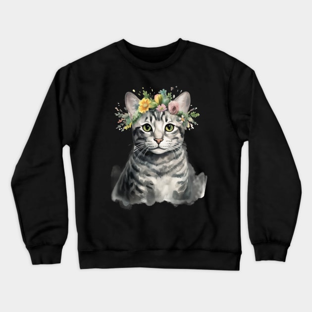 Ocicat Cat Flowers Water Color Cat Mom Mother's Day Gift Crewneck Sweatshirt by karishmamakeia